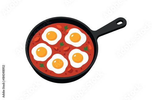 Flat vector illustration of bright shakshuka pan with vivid eggs and tomato sauce rounded shapes clean outline clean white background
