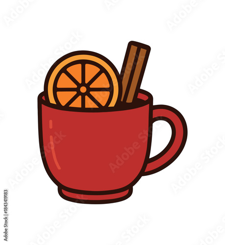 Flat vector illustration of colorful winter mulled drink mug with bold orange slice and cinnamon stick rounded shapes clean outline clean white background