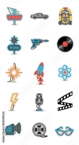 Retro 1950s Nostalgia Icons Set - Vintage Americana and Sci-Fi Elements.