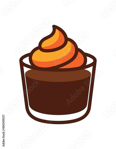 Flat vector illustration of bright chocolate mousse cup with vivid whipped topping rounded shapes clean outline clean white background