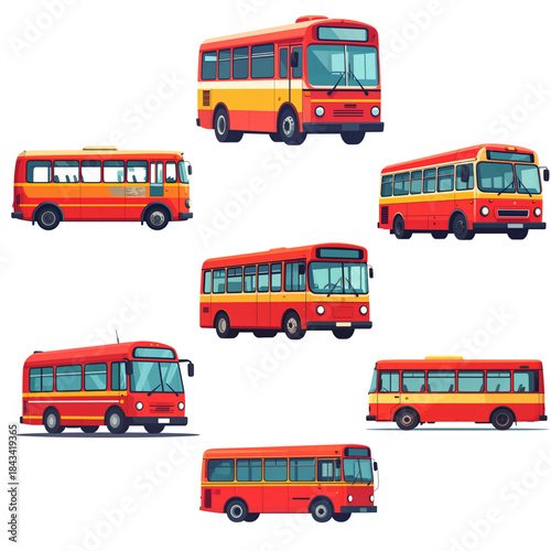 Cartoon red Mumbai bus vector set illustrating iconic city public transport. Ideal for travel illustrations, tourism graphics, urban transport concepts and educational designs.