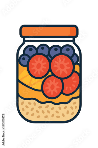 Flat vector illustration of bright jar of overnight oats with vivid fruit layers rounded shapes clean outline clean white background