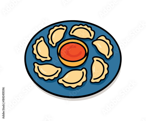 Flat vector illustration of bright plate of dumplings arranged circle with vivid dipping sauce rounded shapes clean outline clean white background