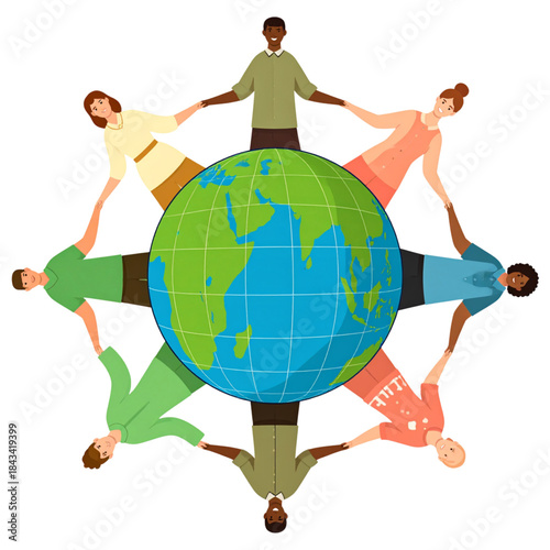 People Holding Hands Around the Globe Symbolizing Global Unity, Peace, Equality and Shared Humanity