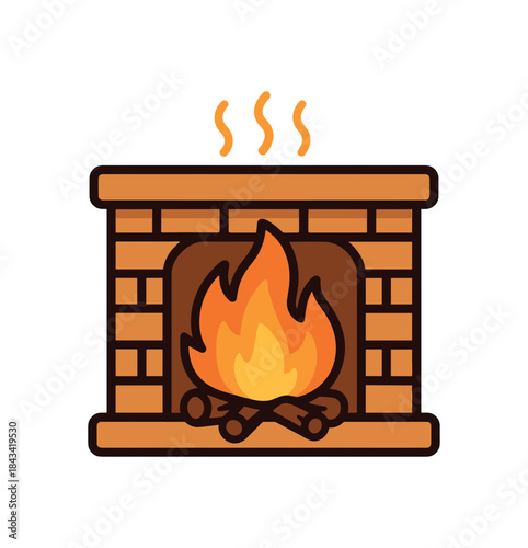Flat vector illustration of bright fireplace icon with vivid flames and soft heat waves rounded shapes clean outline clean white background