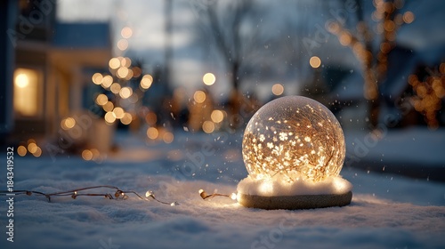 Christmas tree in Glass snow globe on red background, Christmas decorative design with white snowdrift,snowflakes,glow garland,3d decorative garland glow.Xmas Decorations,Vector illustration.