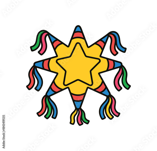 Flat vector illustration of bright kids birthday party piñata with vivid streamers rounded shapes clean outline clean white background