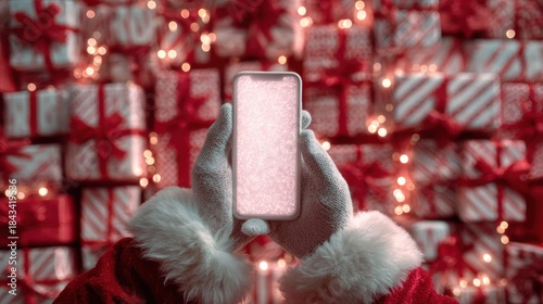 Santa hand holding mobile phone with empty screen in christmas day,holiday shopping online,light background,smartphone,banner sale gifts,Blank white screen,Mockup.