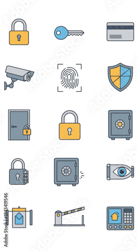 Security Icons - Padlock, Key, Credit Card, Camera, Fingerprint, Shield, Door, Safe, Turnstile, Barrier.