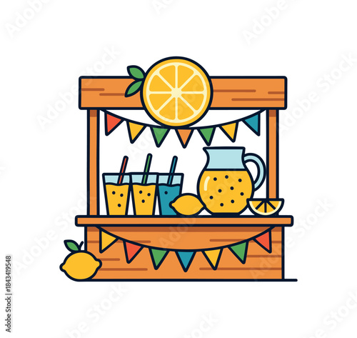 Flat vector illustration of bright summer festival lemonade stand with vivid cups and garland rounded shapes clean outline clean white background