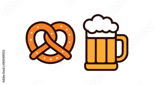 Flat vector illustration of colorful Oktoberfeststyle pretzel and beer mug icons ( ) rounded shapes clean outline clean white background