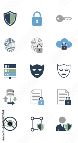 Security Icons Set - Shield, Lock, Key, Fingerprint, Cloud, Server, Mask, Data, Eye, Network, User.