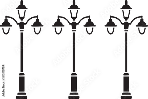 Three Black Street Lamps with Multiple Lights white
