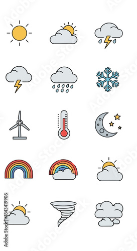 Weather Icons Set - Sun, Clouds, Rain, Snow, Wind, Rainbow, Tornado.