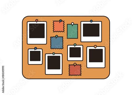 Flat vector illustration of colorful corkboard moodboard with blank photos and fabric swatches as shapes rounded shapes clean outline clean white background