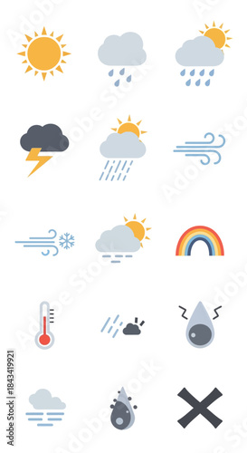 Weather Icons Set - Sun, Rain, Wind, Storm, Rainbow, Temperature, Fog, and More.