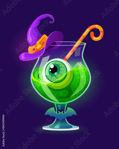 Halloween scary cocktail drink or magic potion glass cup for horror night, cartoon vector. Halloween holiday and trick or treat party spooky cocktail elixir with dead zombie eye and witch hat