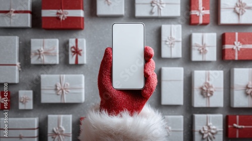 Santa hand holding mobile phone with empty screen in christmas day,holiday shopping online,light background,smartphone,banner sale gifts,Blank white screen,Mockup.