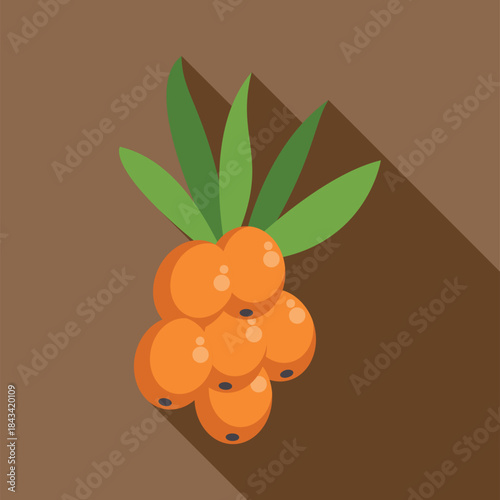 Orange sea buckthorn berries with green leaves displaying healthy food concept