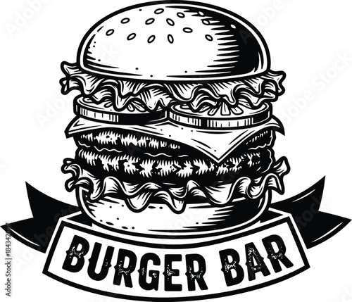 Burger bar typography with fast food sandwich for restaurant logo, tasty lunch meal badge, delicious dinner emblem and isolated on transparent kitchen graphic illustration