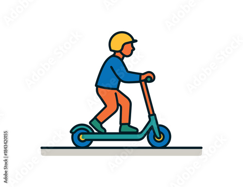 Flat vector illustration of colorful electric scooter rider cruising on sidewalk with helmet rounded shapes clean outline clean white background