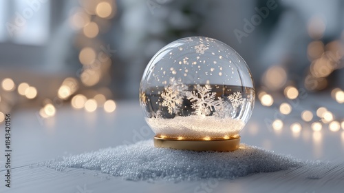 Christmas tree in Glass snow globe on red background, Christmas decorative design with white snowdrift,snowflakes,glow garland,3d decorative garland glow.Xmas Decorations,Vector illustration.