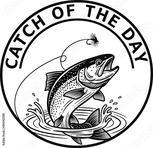 Catch of the day typography with fish for fishing logo, river nature sport badge, outdoor hobby emblem and isolated on transparent water graphic illustration