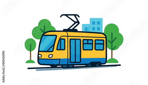 Flat vector illustration of bright modern tram gliding along tracks with trees and buildings rounded shapes clean outline clean white background