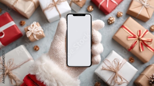 Santa hand holding mobile phone with empty screen in christmas day,holiday shopping online,light background,smartphone,banner sale gifts,Blank white screen,Mockup.