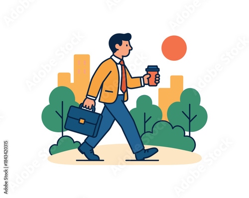 Flat vector illustration of colorful walk to work morning scene with briefcase and coffee cup rounded shapes clean outline clean white background