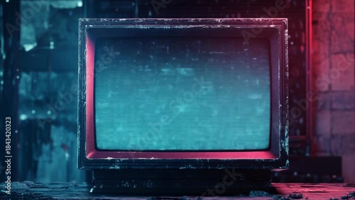 Retro crt monitor with blue static and red neon reflections on a grimy surface, evoking a dark, dystopian cyberpunk scene of glitchy broadcast, surveillance, and decay