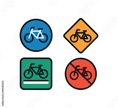 Flat vector illustration of colorful bike lane signage as simple symbols only (no letters) rounded shapes clean outline clean white background