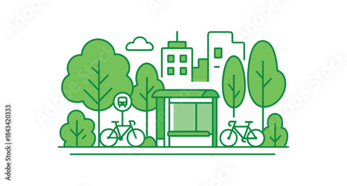 Flat vector illustration of bright green city streetscape with bus stop bikes and lots of trees rounded shapes clean outline clean white background