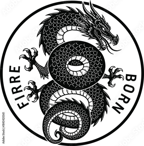 Coiled snake illustration in circle for zodiac logo design, wild reptile animal badge, dangerous poison emblem and isolated on transparent nature graphic sketch