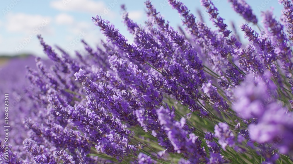 Fototapeta premium A close up of blooming purple lavender flowers in sunlight