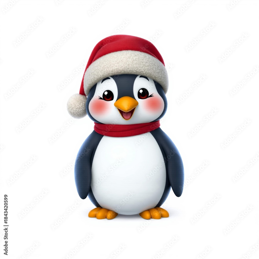 Fototapeta premium Festive Penguin in Holiday Attire: A charming penguin wearing a red Santa hat and scarf, embodies the joy and warmth of the winter holiday season.