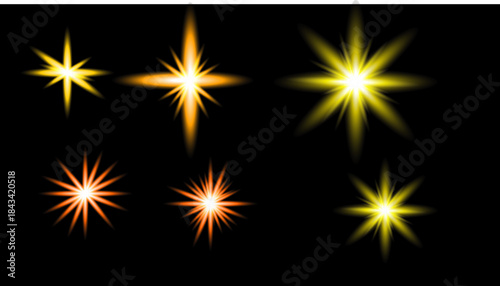 Bright shining light effects with bright flashes. Set of light effects, shimmers, sparkles, sun glare, lens effects.