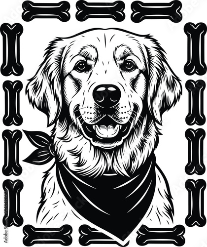 Dog portrait illustration with bandana for pet shop logo design, cute puppy animal badge, loyal canine emblem and isolated on transparent mammal graphic sketch