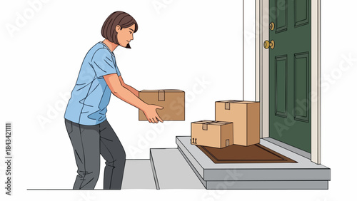 A woman in a blue shirt delivering cardboard boxes to a house with a green door and a concrete porch.