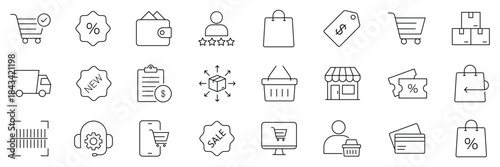 Online shopping  e-commerce line icon set. Shopping and purchase icons set. Containing basket, shopping cart, discount, online shopping, sale, client, delivery, wallet, shop, and more icons.