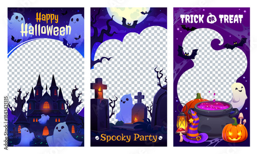 Halloween social media post vector templates with trick or treat cauldron, ghosts, bats, haunted houses and gravestones. Cartoon Halloween web post frame borders with pumpkins, witch hats and moon