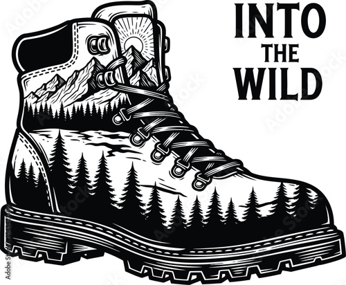 Into wild typography with hiking boot and landscape for outdoor logo, mountain travel adventure badge, camping nature emblem and isolated on transparent graphic illustration