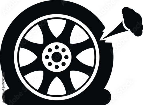 Icon representing a car wheel with a damaged tire and air escaping, indicating a breakdown