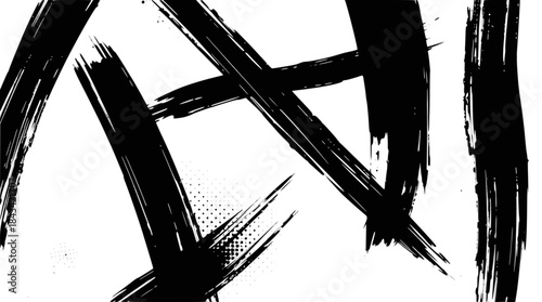 A dynamic abstract background featuring bold, black, hand-painted brush strokes with a grunge texture on a stark white canvas.