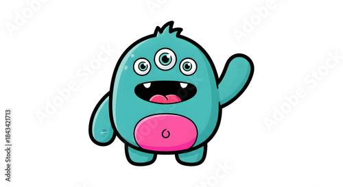 A cute, cartoonish, three-eyed blue monster with a pink belly waving hello.