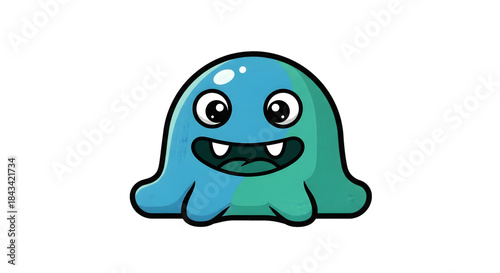 A cute, cartoonish blue and green blob monster with big eyes and a wide smile.