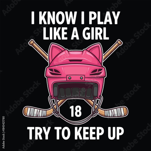 Funny pink hockey helmet with girl power quote and hockey sticks on