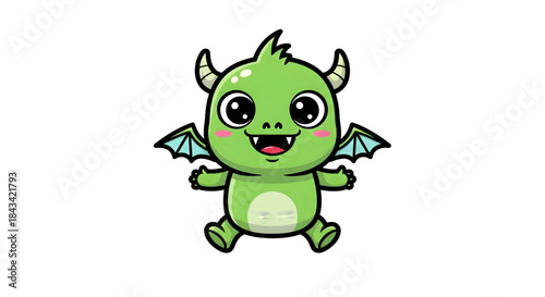 A cute, cartoonish green baby dragon with small wings and horns, sitting with its arms outstretched.