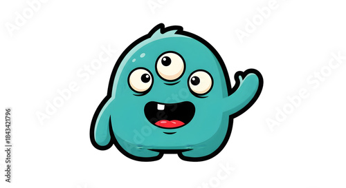 A cute, cartoonish, three-eyed teal monster waving hello with a friendly smile.