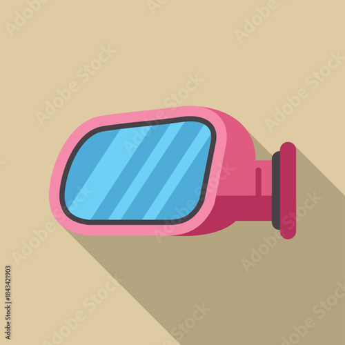 Pink car side mirror on a beige background with a flat design style and long shadow